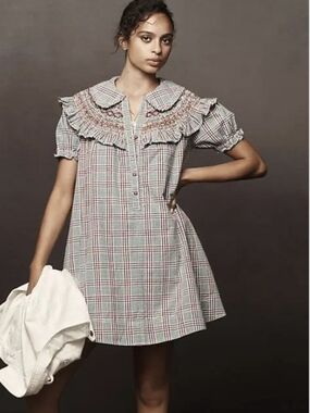 PILCRO ANTHROPOLOGIE v Neck Puff Sleeve Cottagecore Dress Boho Babydoll Plaid Y2